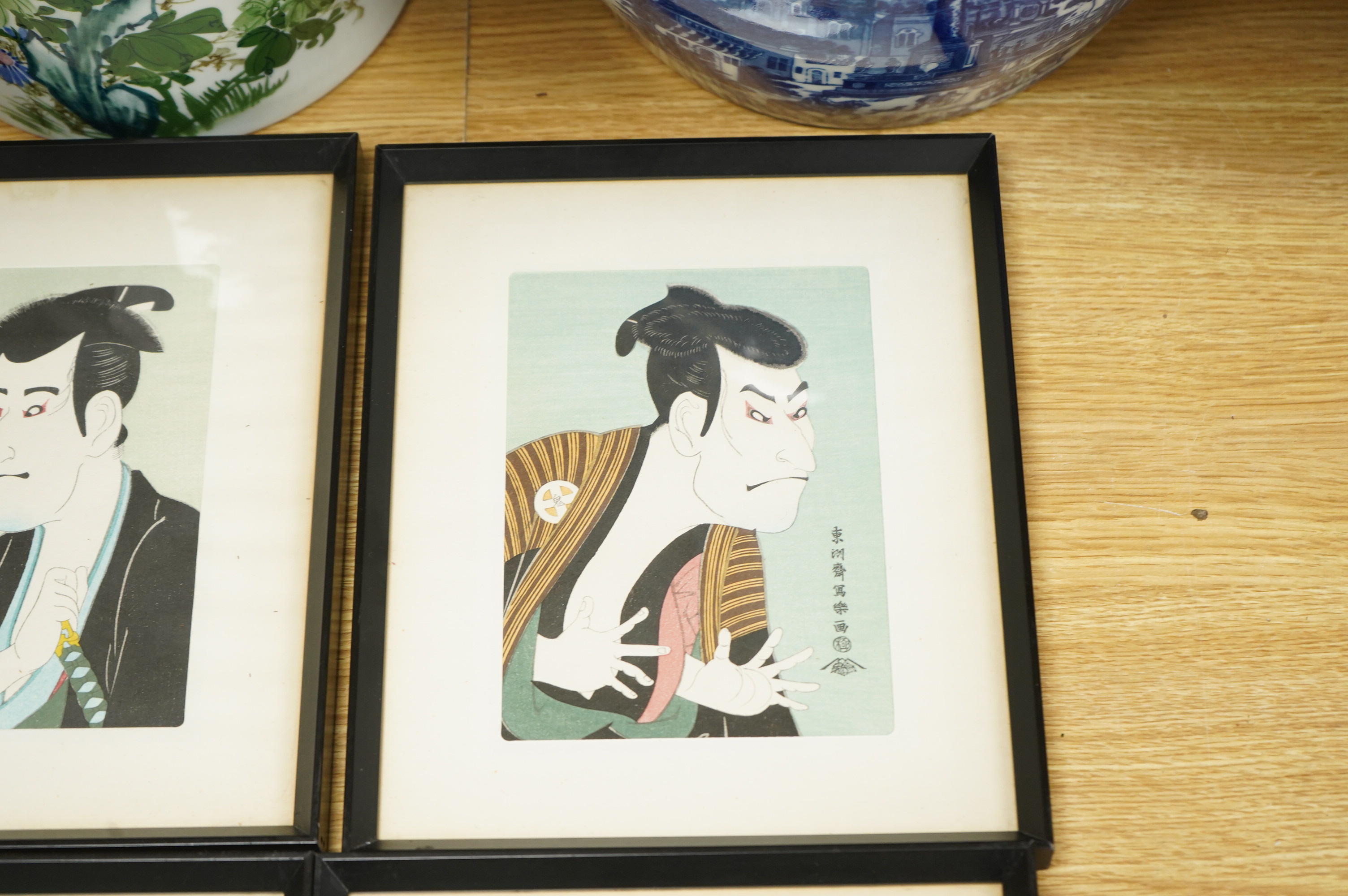 After Toshusai Sharaku (1770-1825), 'Masterpieces by Sharaku', set of six Japanese woodcut prints, 17.5 x 12cm